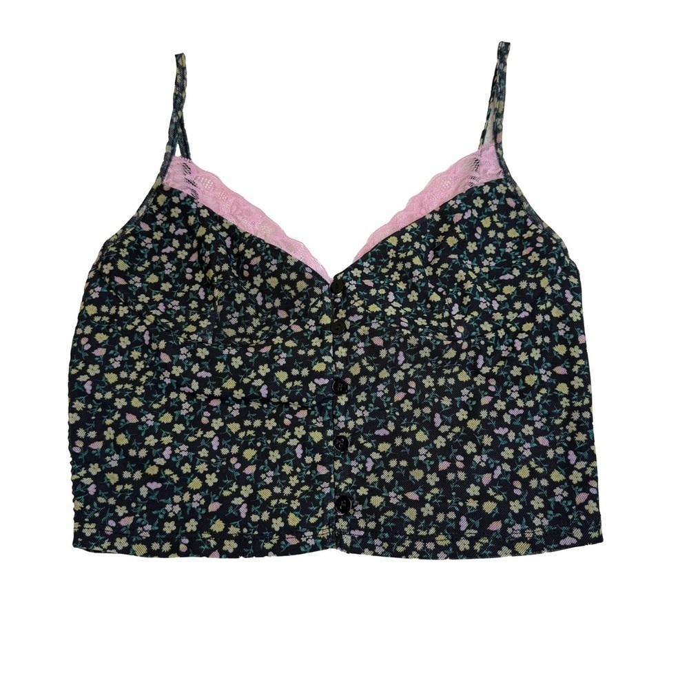 Elodie Black Floral Print Lace Accent Spaghetti Strap Button Up Top -Sz XS, NWT